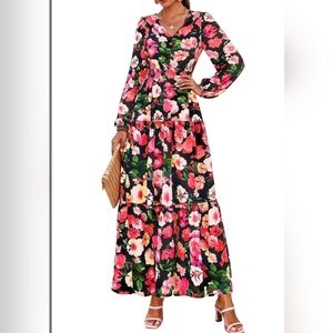 Floral V-Neck Long Sleeve Maxi Dress - Black & Pink